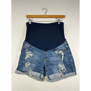 Distressed Boho S.O.N.G. Maternity Womens Lg Blue Denim Cuffed Shorts Distressed